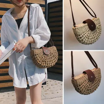 

Women Hand-woven Round Shoulder Bag Handbag Bohemian Summer Straw Beach Bag New