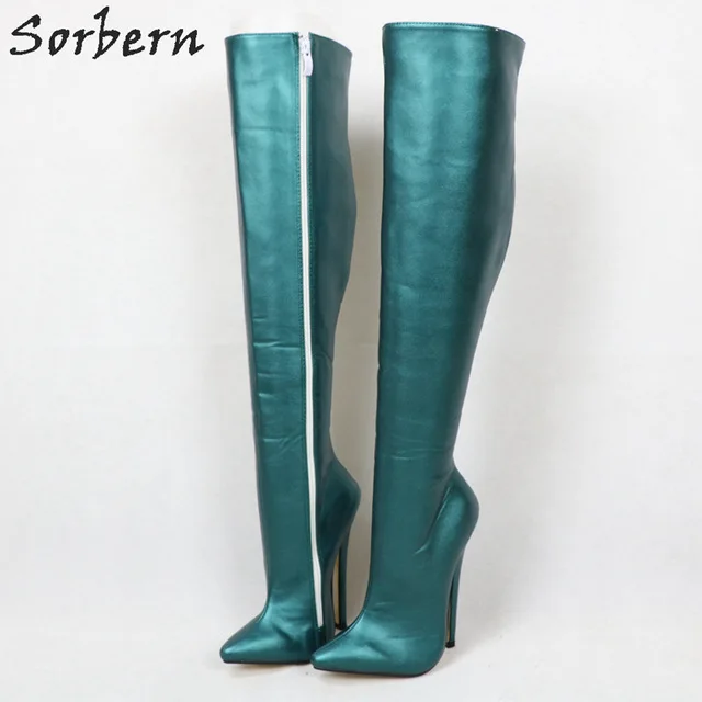 Green 18cm Heel Sorbern/женские сапоги до колена на каблуке 18 см/12 см; толстые зимние сапоги с острым носком; женские сапоги размера плюс для транссексуалов; широкий выбор - Цвет: Green 18cm Heel