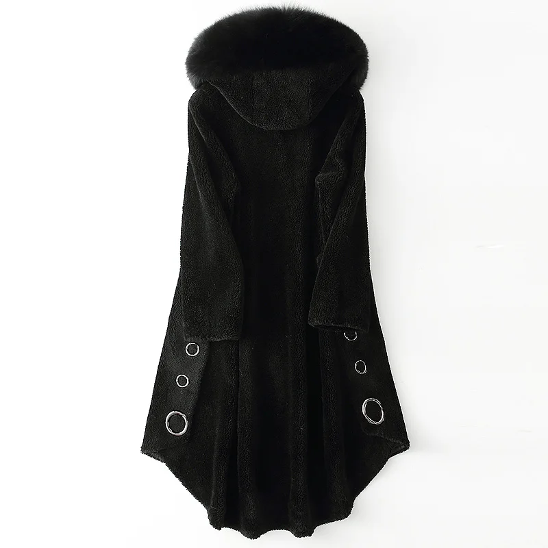 black Пальто из натурального меха лисы с капюшоном, шерстяная куртка, корейское винтажное осенне-зимнее пальто, женская одежда, уличная женская верхняя одежда ZT3679 - Цвет: black