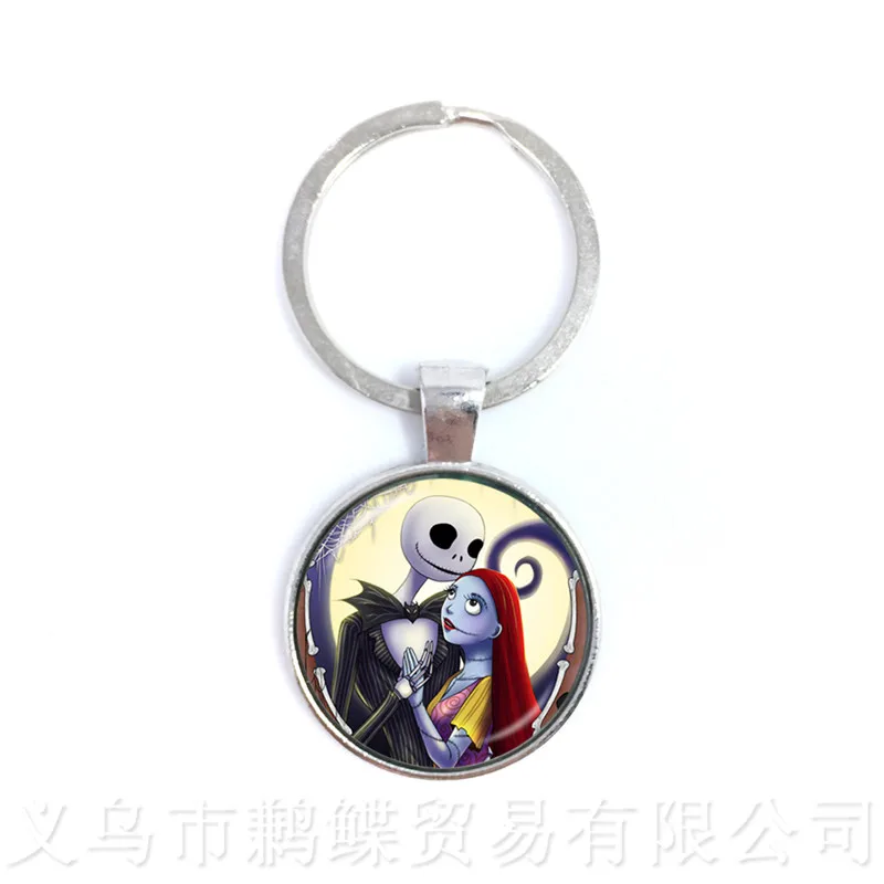 1PC Jack Skellington And Sally Keychains Glass Cabochon Keyring Charms Halloween Party Jewelry Keyholder Gifts For Friends | Украшения и