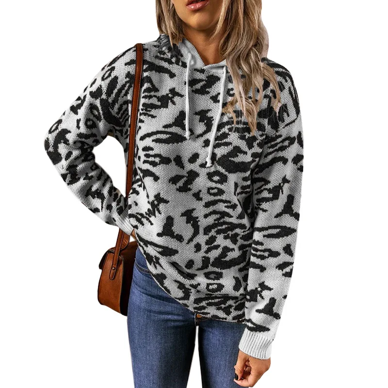 

2020 Leopard Print Hooded Sweater Autumn and Winter New Sweater Women European and American Style Drawstring Hooded Sweater