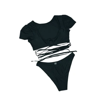 

Women Solid Color Two-piece Bathing Suit Puff Sleeve Lace-up Top with Chest Pad Slim Tong Set