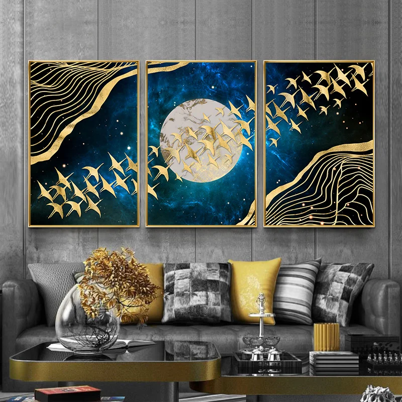 Wall Art Современная Абстрактная живопись летящей птицы Луна ночное небо Золотой