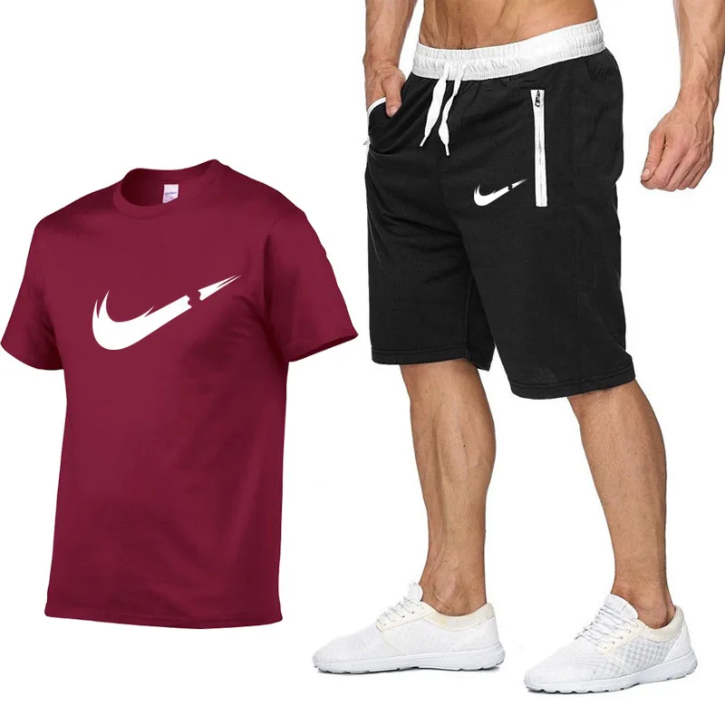 Качественные мужские комплекты, футболки+ шорты, Мужская брендовая одежда, костюм из двух предметов, спортивный костюм, модные повседневные футболки для тренажерного зала, тренировочные комплекты для фитнеса