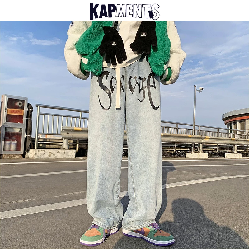 

KAPMENTS Men Baggy Print Jeans Pants 2023 Mens Japanese Streetwear Casual Denim Trousers Male Vintage Korean Fashion Harem Pants