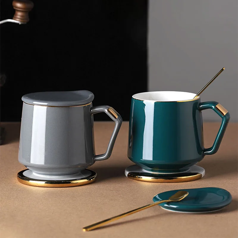 buy Ceramics Golden Rim Mug Creative Water Cup For Tea Coffee Mugs 380ML With Lid Spoon