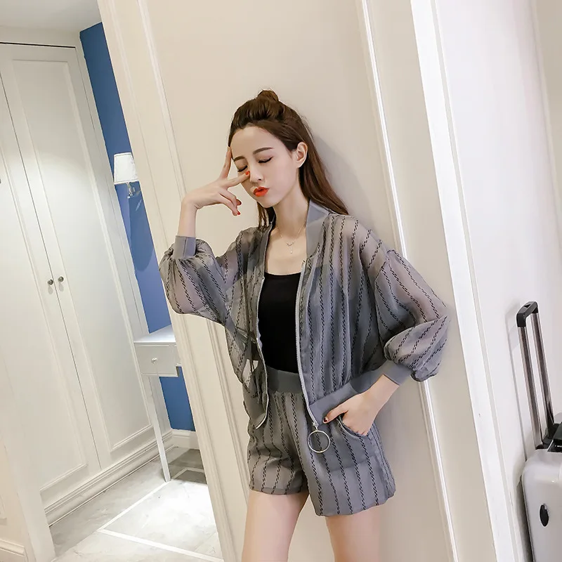 

2017 Summer Wear New Style Korean-style Transparent Stripes Cardigan Coat + Shorts WOMEN'S Suit Fashion