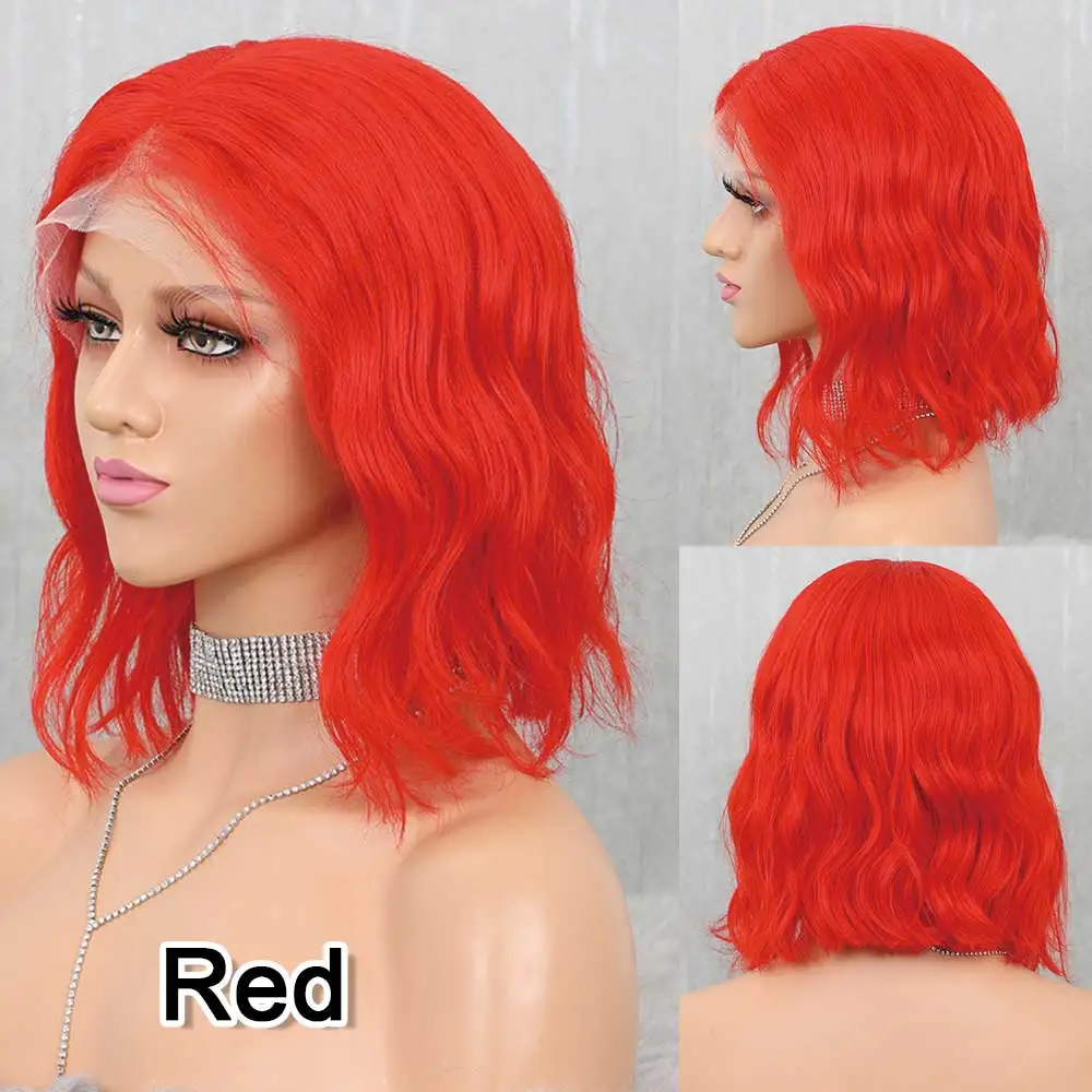 red lace bob wig 13x6 короткий боб Синтетические волосы на кружеве парики из натуральных волос на кружевной Цветной девственные волосы парики предварительно вырезанные 613 блондинка красного/розового/голубого цвета для оранжевые парики из натуральных волос - Цвет волос: red lace bob wig