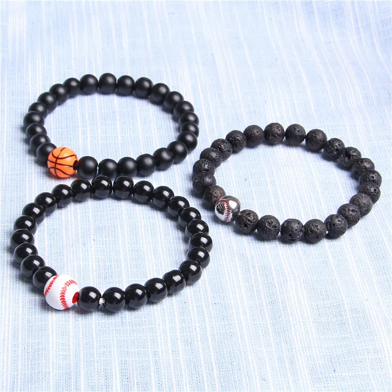 Basketball Charm Bracelets For Man Natural Polished Black Agat Beads Bracelet Gold Alloy Ball Bangle For Sports Women Jewelry
