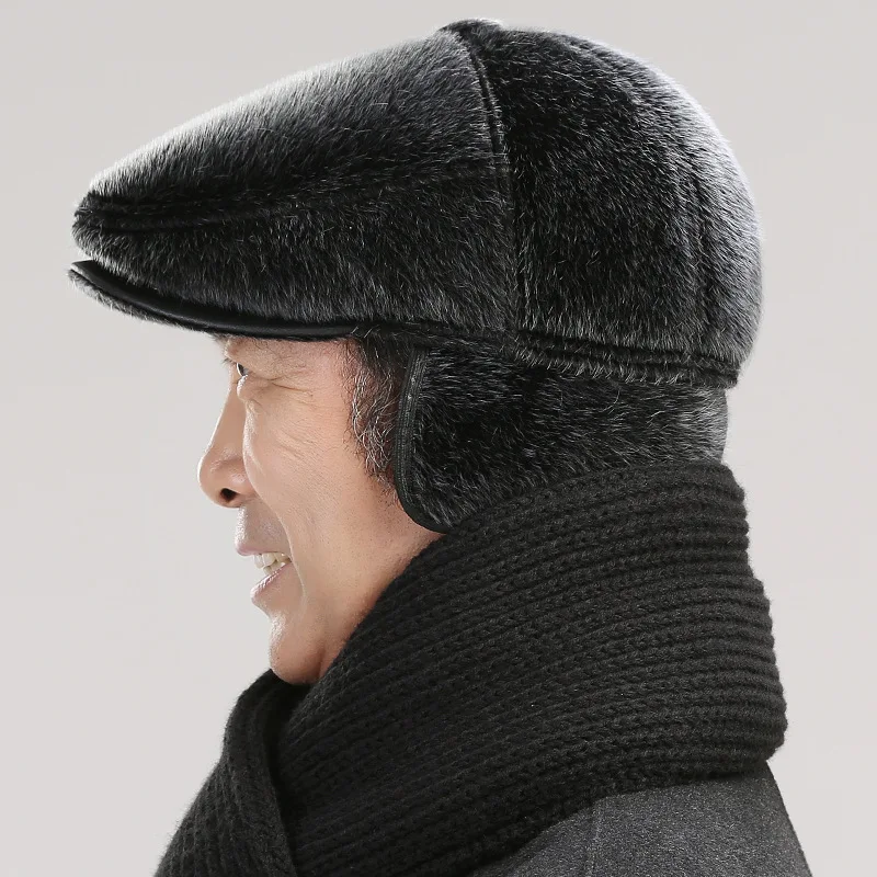 Новая Зимняя шерстяная Толстая теплая шапка с ушами для пожилых мужчин и пап, берет из искусственной норки, классический дизайн, Кепка с козырьком, высокое качество - Цвет: B06-gray