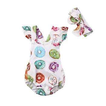 

2pc Cute Newborn Kids Baby Girls Clothes Bow Headband Donuts Print Backless Ruffle V-neck Sleeveless Bodysuit Summer Outfits