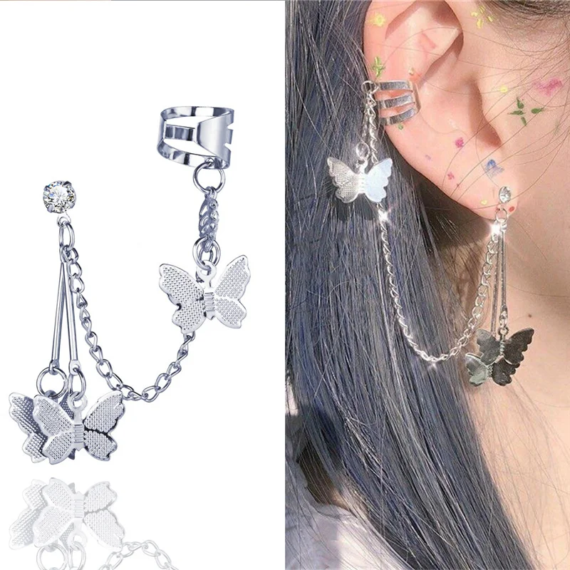 Butterfly Earrings New Fashion Punk Butterfly Clip Earring for Teens Women Men Ear Cuffs Zinc Alloy Chain Earrings Metal