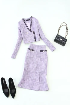 

New winter small fragrant woolen tweed coat and jacket + lace package hip fishtail skirt in purple suit
