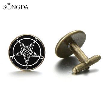 

Punk Red Goat Head Cufflinks Mens Retro Pentagram Pattern Wicca Totem Galss Gem Round Cuff Links Satanism Gothic Style