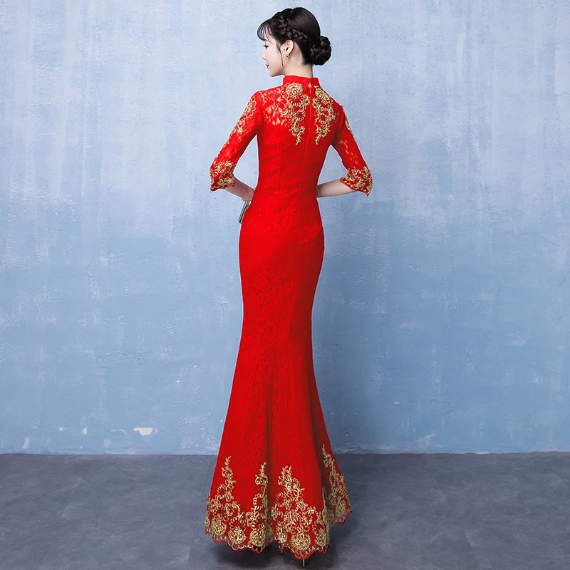 Красный китайский традиционный для женщин рыбий хвост Qipao невесты свадебное платье Элегантный кружево Мандарин воротник Cheongsam Vestidos De Festa
