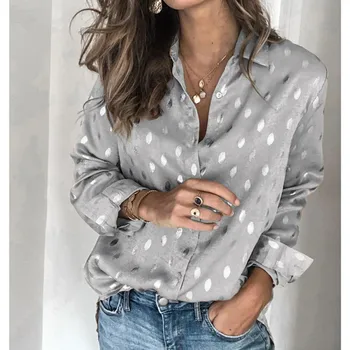 

Korean Blouse Women Long Sleeve Turn-down Collar Shirt Elegant Office Blouse Loose Casual Dot print Gold Silver Button Workwear