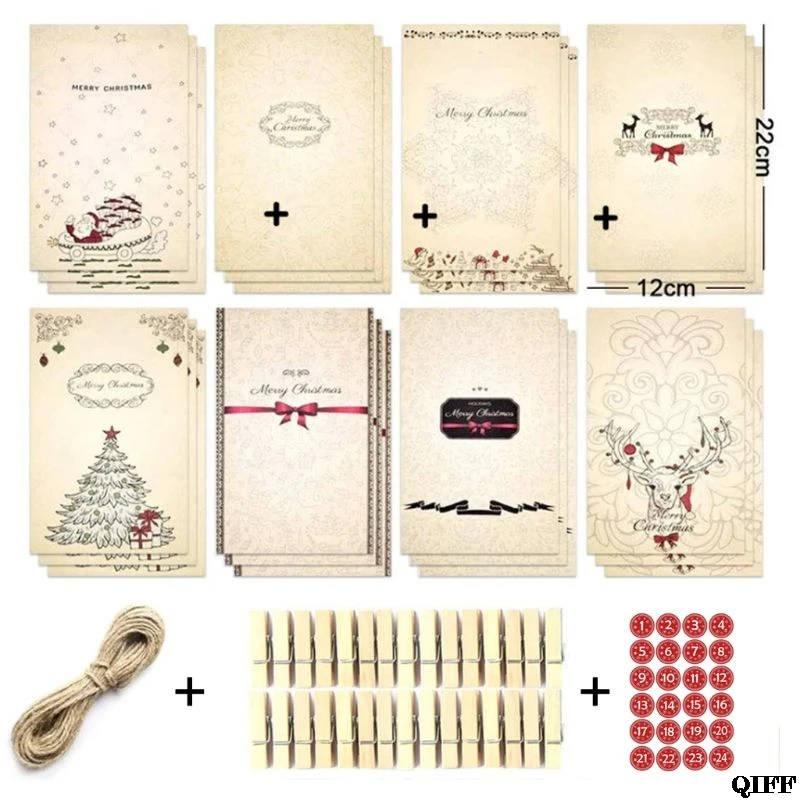24Pcs Advent Christmas Calendars Kraft Paper Candy Bag with Stickers Clips Rope