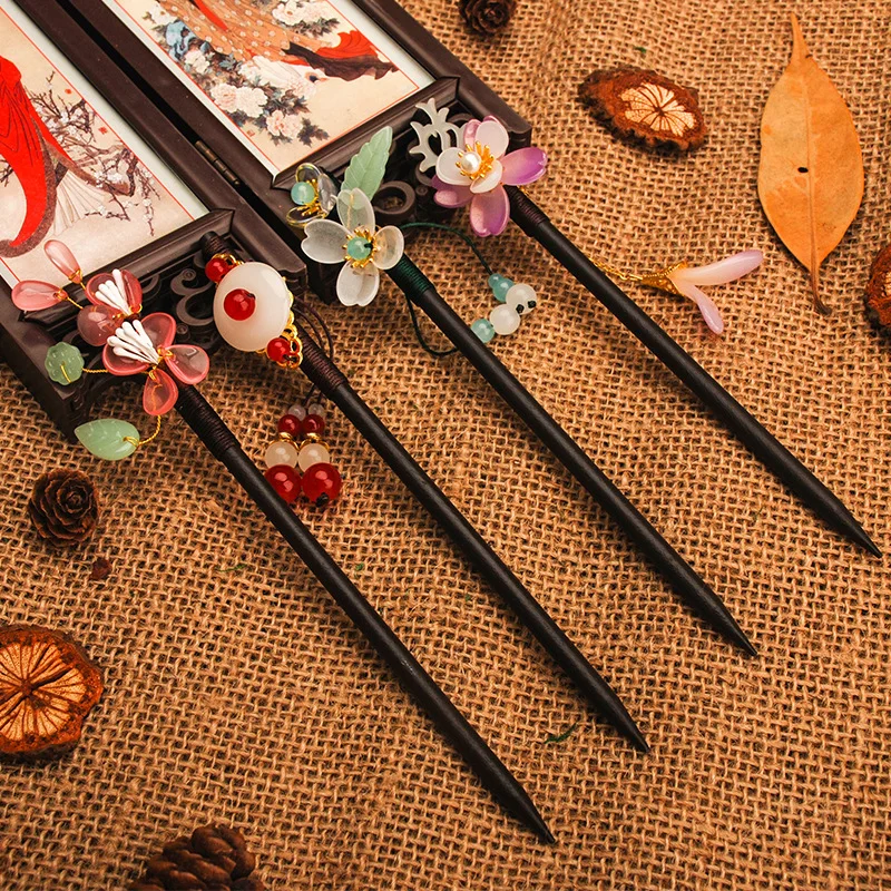 Hair Stick Jewelry Accessories Handmade Luxury Flower Hairpins Hair Sticks Vintage Wood Chinese Hair Stick Pins For Women Ornaments Head Jewelry
