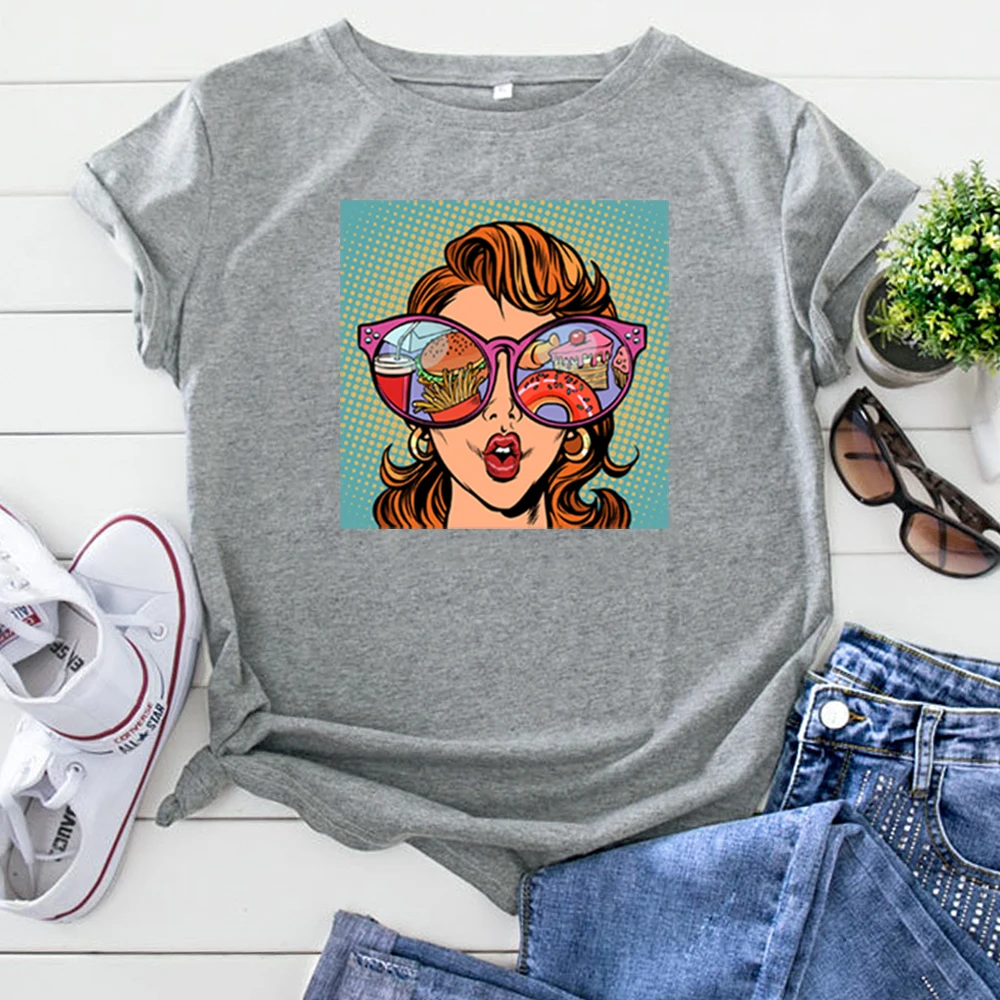 T-Shirt Pop Style Glasses Girl Funny Printing T Shirts For Woman Oversized Fashion Tee Shirts Casual Kawaii Women'S T-Shirts
