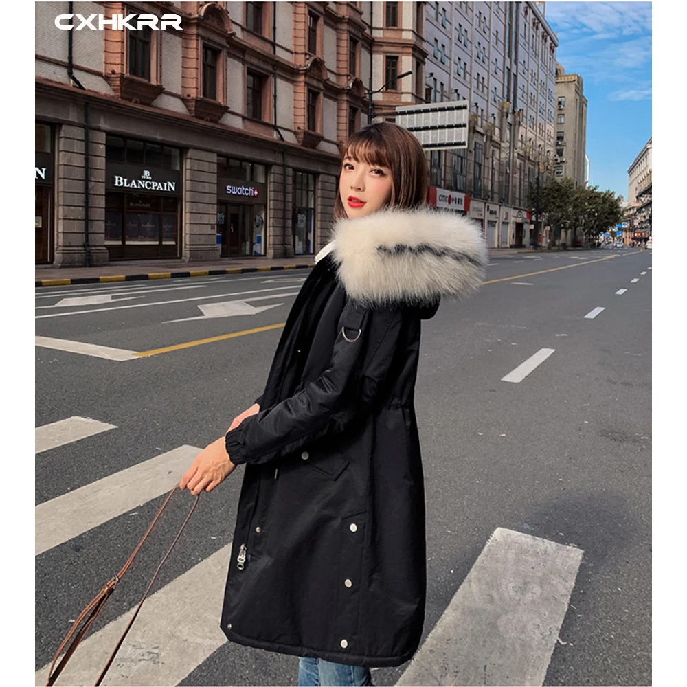 CXHKRR Fashion Long Parka Coat Jacket Oversized Cotton Jacket Women Winter Faux Fur Collar Hooded Jacket Cotton Women
