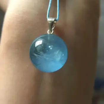 

Natural Ice Blue Aquamarine Heart Pendant 15mm Women Man Love Round Ball Sphere Clear Stone Fashion Necklace AAAAA