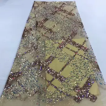 

African Sequin Lace Fabric Coffee Mesh Sequin Embroidery Knit Fabric For Dresses