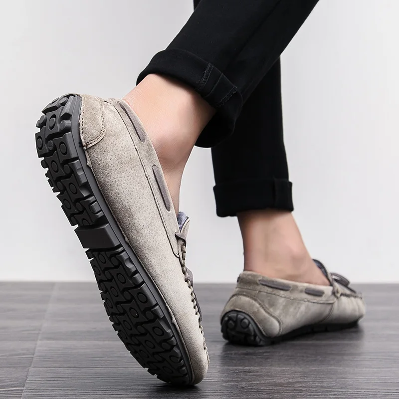 Slip On Driving Shoes For Men Khaki Winter Plush Mens Shoes Suede Loafers Fur Man Moccasins Leather Boat Shoes Male Casual Flats