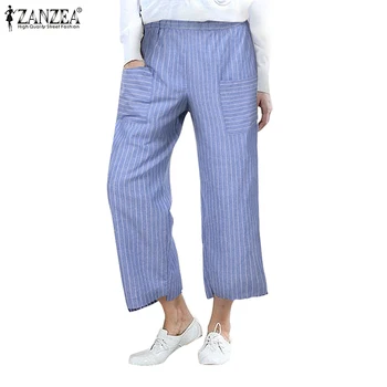 

ZANZEA 2020 Summer Vintage Wide Leg Trousers Women High Waist Loose Stripes Causal Cotton Harem Pants Pantalon Palazzo Plus Size
