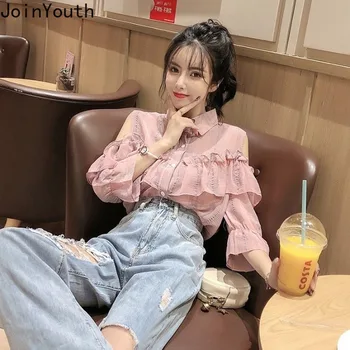 

Joinyouth Korean Blouses Solid Ruffles Womens Clothing 2020 New Spring Summer Sexy Cute Shirt Loose Half Regular Wild Button 591