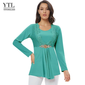 

Yitonglian Women Plus Size Tunic Spring Long Sleeve Luxury Diamond Lace Pleated Flowy Party Tshirt Top Casual T-shirt H027N