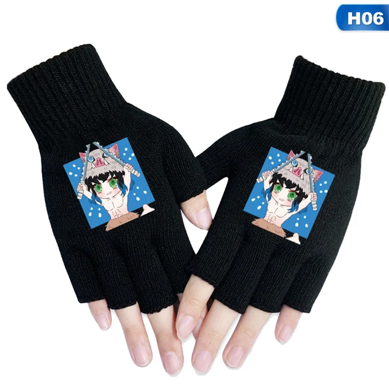 GLV0776H06 Аниме демон убийца Kimetsu no Yaiba трикотажные перчатки на пол пальца перчатки для девочек мальчиков - Цвет: GLV0776H06