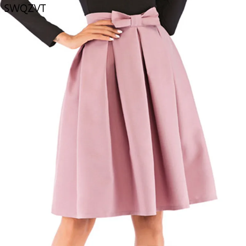 Women Skirts 2020 New Bow Solid Color Pleated Ball Gown Women Summer Casual Ladies  Knee-Length Midi Skirt  Women  fashion skirt