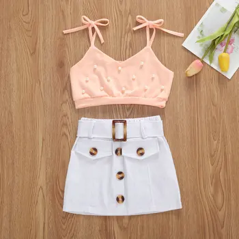 

Pudcoco Toddler Baby Girl Clothes Summer Pearl Lace Ruffle Sling Crop Tops Button Mini Skirt 2Pcs Outfits Cotton Clothes Summer
