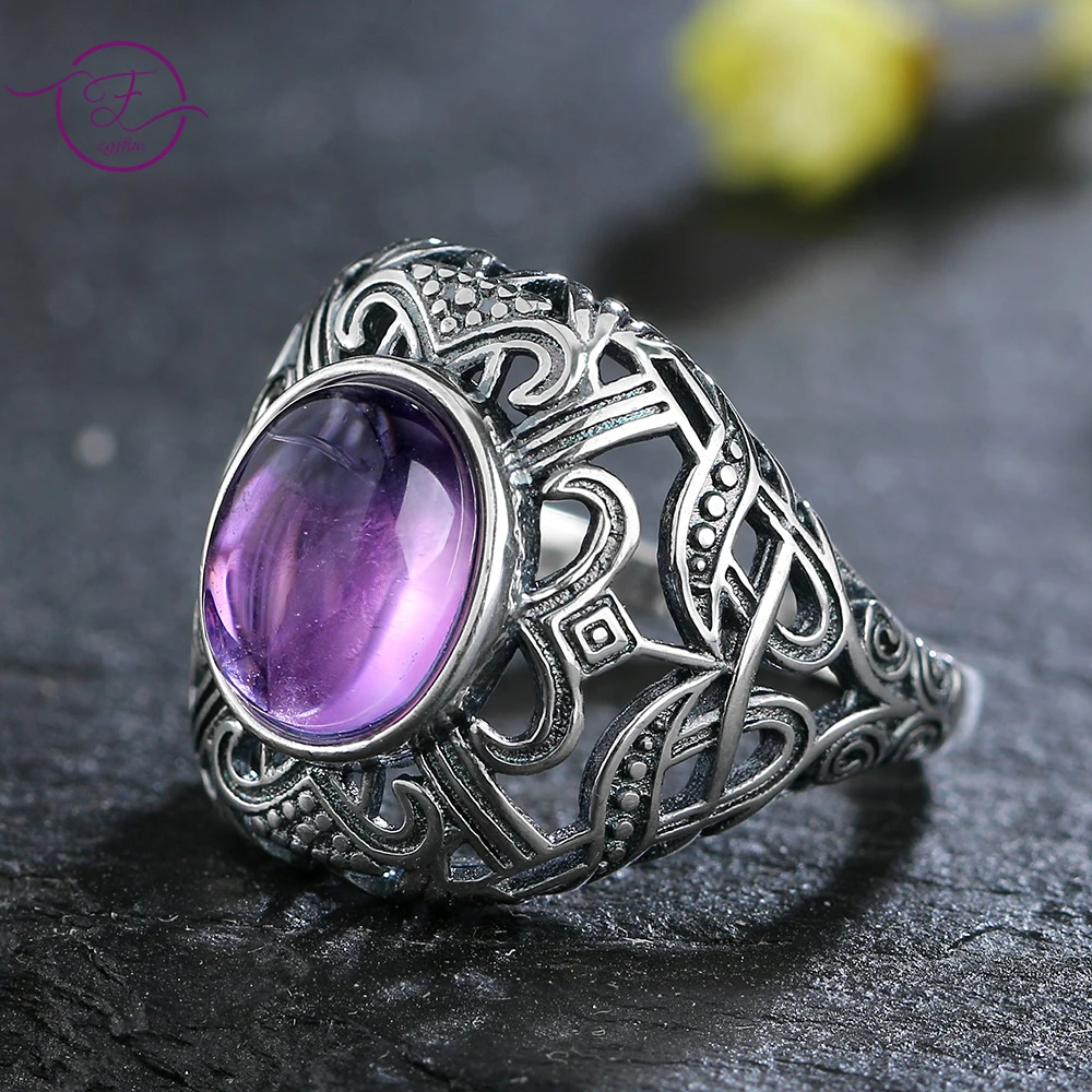 

Natural Amethyst Ring Retro 925 Sterling Silver Ring for Women Fashion Luxury Engagement Wedding Party Gift Wholesale