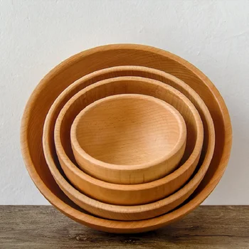 

Japanese Wooden Salad Round Bowl Rice Soup Plates High Capacity Fruit Food Container Kitchen Tableware Household Dinnerware