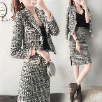 

2019 Autumn Plaid Pocket Women Jacket Office Lady Elegant Single Button Wool Coats Female Turn-down Collar Slim Coats