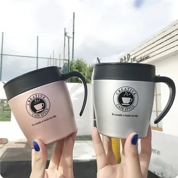 

330ml stainless steel mug with spoon coffee cup oval milk cup anti-scalding handle tea cup insulation net red cover travel cup