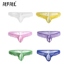 Пикантное мужское белье, сексуальные трусики-брифы, полупрозрачные кружевные сетчатые трусы, трусики, бикини с отверстием для пениса