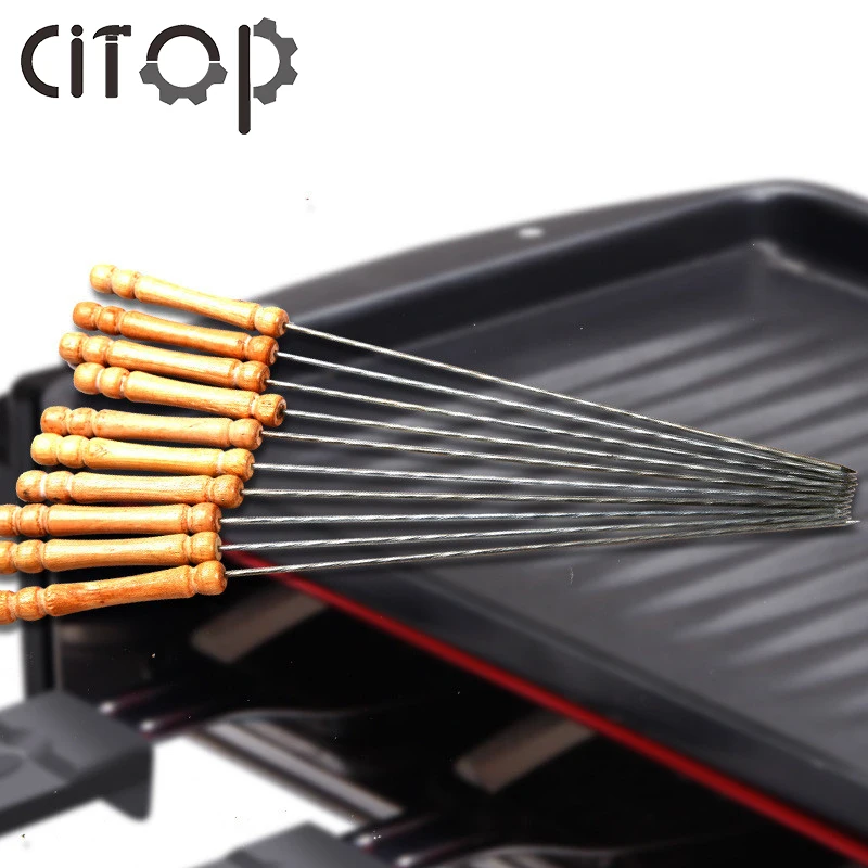 Citop 12pcs Outdoor Picnic BBQ Barbecue Skewer Roast Stick Stainless Steel Needle With Wooden Handle Tong Kebabe Tools