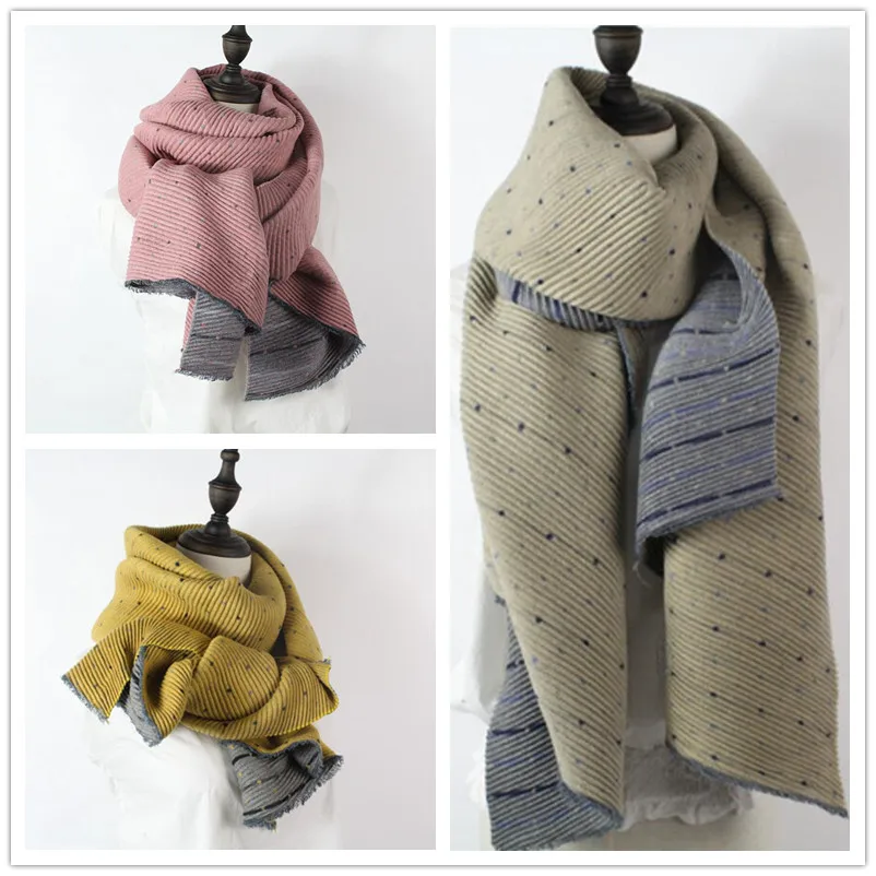 Women Wrinkle Solid Reversible Scarf Girls Pleated Stripes Print Dots Print Cape Pashmina Shawls Rectangle Wraps Long Scarves