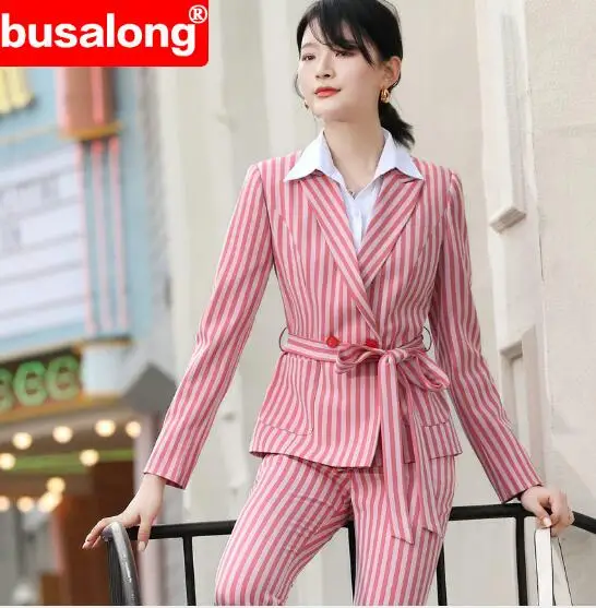pink pant suit Модное Полосатое Женское пальто размера плюс женская одежда 2 брюки костюмы размера плюс широкие брюки и куртка - Цвет: pink pant suit