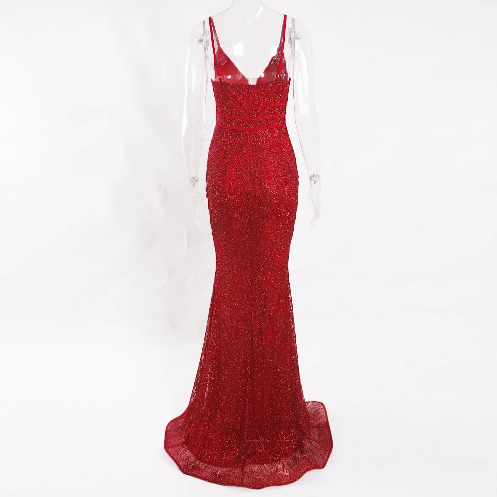 Sexy Red Glittered Maxi Dress V Neck Split Leg Backless Patchwork Mesh Sleeveless Floor Length Evening Party Dress