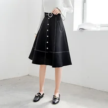 Новая Расклешенная юбка женская с высокой талией однобортная горячая Распродажа по колено Новая Осенняя трапециевидная элегантная винтажная черная юбка