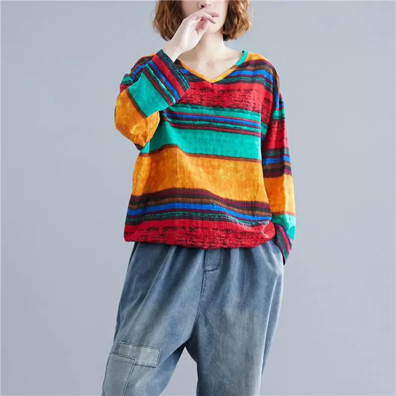 

Johnature Loose Comfortable V-neck Striped Korean Women Tops T-shirts 2019 New Autumn Vintage Fashion All-match Female T-shirt