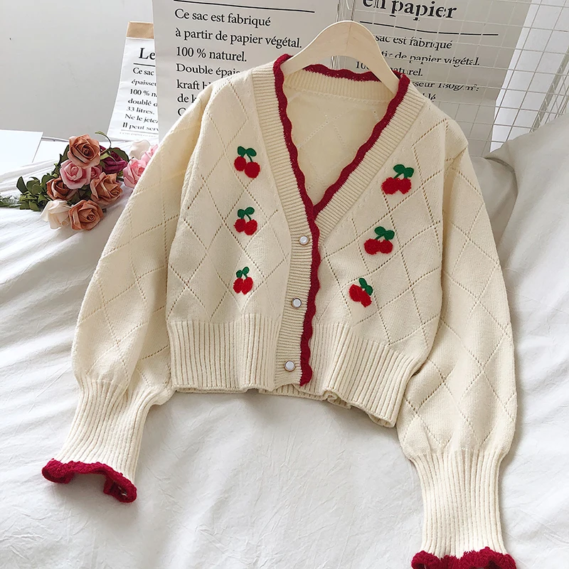 Tanie OCEANLOVE haftowane swetry rozpinane odzież dziana słodkie bufiaste rękawy krótkie Mujer Chaqueta sklep
