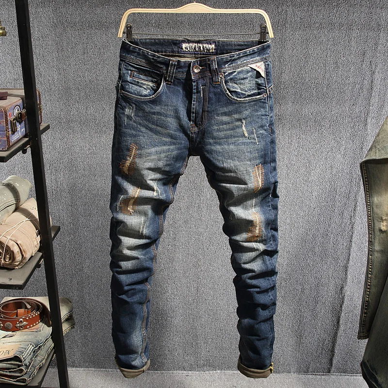 Italian Style Fashion Men Jeans Retro Blue Patchwork Ripped Jeans Men Vintage Designer Denim Cotton Pants Hip Hop Jeans Homme Italian Style Fashion Men Jeans Retro Blue Patchwork Ripped Jeans Men Vintage Designer Denim Cotton Pants Hip Hop Jeans Homme