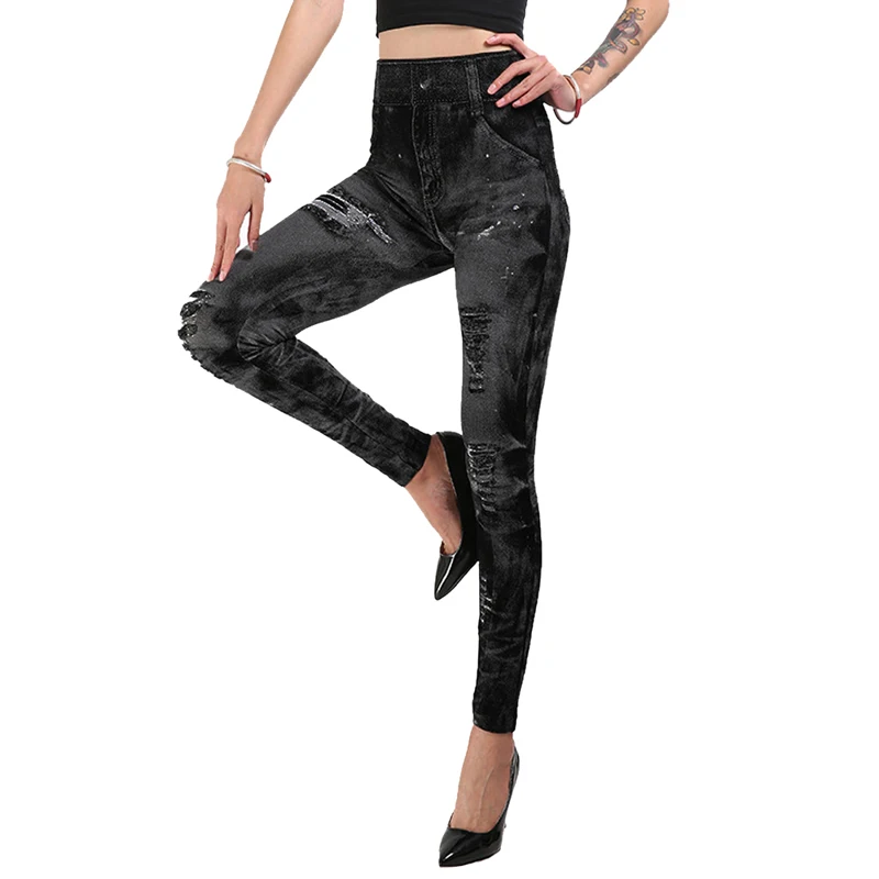 brown leggings Sexy Faux Jeans Leggings Women Stretch Printed Short Leggins Plus Size Calf-Length Pants Summer Breeches High Waist Jeggings maternity leggings