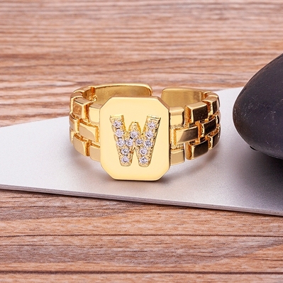 Arrival Fashion Gold Color Initial Ring Open Design Adjustable Hot Sale Watchband Chain A-Z Letters Zircon Rings For Women