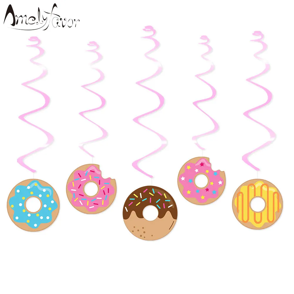 

Donuts Theme Ceiling Hanging Swirl Decorations Tea Time Donut Dessert Baby Birthday Party Ball Grand Event Decorations Supplies