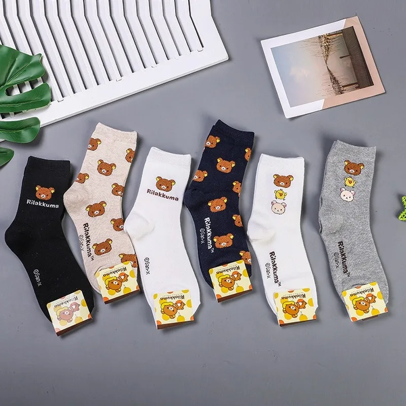 Женские Носки с рисунком аниме Kiiroitori Rilakkuma korilakkuma, Харадзюку, хлопковые удобные Забавные милые теплые спортивные носки